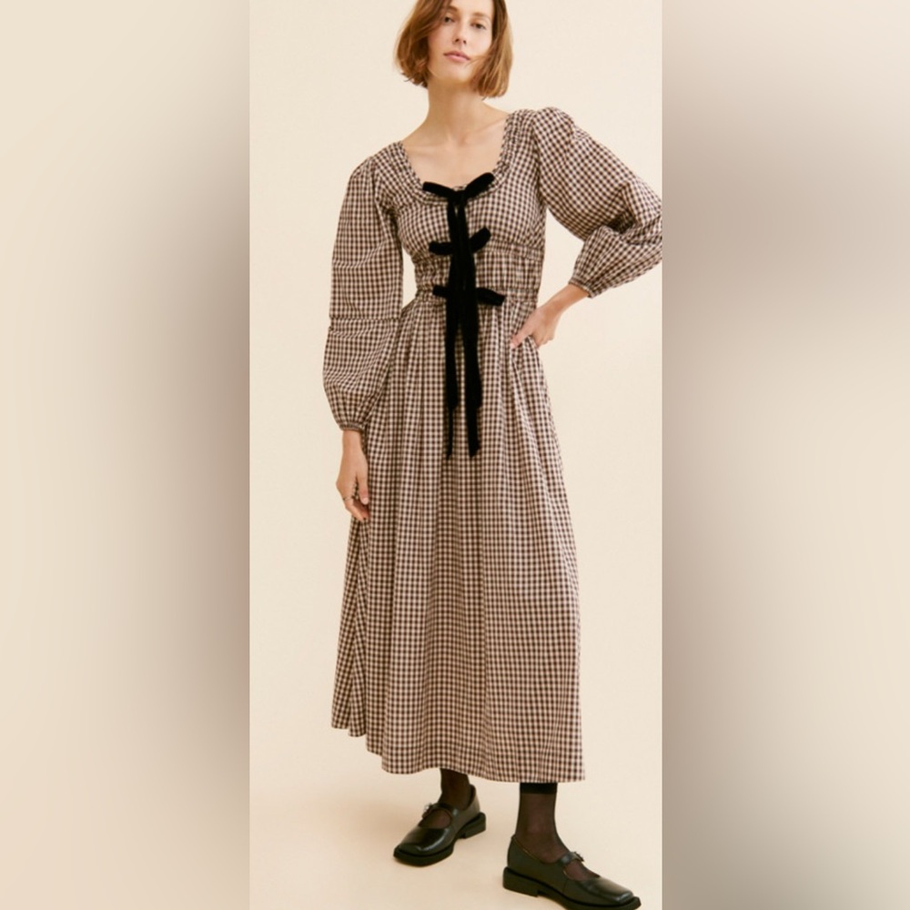 Damson Madder Dakota brown plaid Bow Midi Dress US size 8 - Picture 2 of 8